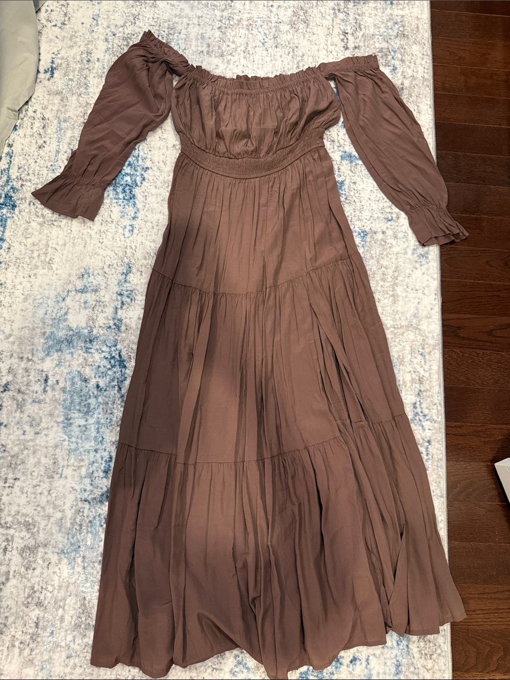 Off-Shoulder Tiered Maxi Dress in Brown - Size M